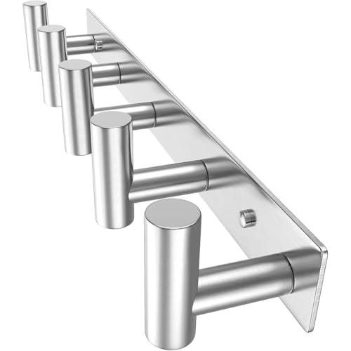 HUFEEOH Silver Coat Hooks Wall Mount, T Shaped 5 Hooks Stainless Steel Wall Hooks Towel Rack for Hanging, Heavy Duty Key Holder Hat Rack Used for Bathroom - color: Silver, size: 1 Pack "T" shape 5 hooks