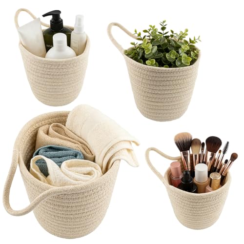 4 Pack Hanging Woven Basket, Small Hanging Basket for Wall, Boho Style Cotton Rope Storage Organizer, Woven Wall Baskets for Home Decor (Beige, 5.5" x 5.5")
