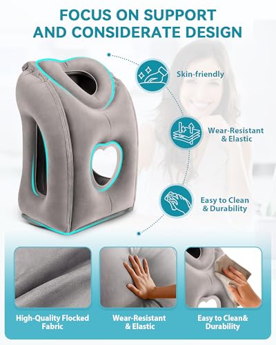 Inflatable Travel Pillow, Airplane Neck Pillow Comfortably Supports Head and Chin for Airplanes, Trains, Cars Office Napping on The Tray Table (Grey) - color: Grey(upgraded)