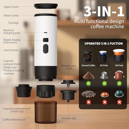 3-in-1 Portable Coffee Maker, 15 Bar Portable Espresso Machine with LED Display and 90ml Sink, Compatible with Ground Coffee & Capsules(Ns&DG) for RV, Hiking, Office, Auto-Heating, USB-C (Champagne) - color: Champagne