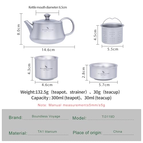 Boundless Voyage Titanium Kung Fu Tea Set with 3 Teacups Portable Camping Kettle Reusable Travel Coffee Tea Cup Set (Ti3119D-set) - color: Ti3119D-set