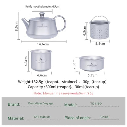 Boundless Voyage Titanium Kung Fu Tea Set with 3 Teacups Portable Camping Kettle Reusable Travel Coffee Tea Cup Set (Ti3119D-set) - color: Ti3119D-set