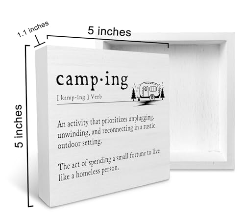 Ku-Dayi Camper Decor for Inside, Funny Camping Definition Wooden Box Sign, Camping Signs Wood Box Decorations for Camper RV Trailer, Camping Wooden Block Plaque Desk Shelf Decor 5x5 Inch