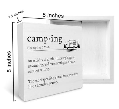 Ku-Dayi Camper Decor for Inside, Funny Camping Definition Wooden Box Sign, Camping Signs Wood Box Decorations for Camper RV Trailer, Camping Wooden Block Plaque Desk Shelf Decor 5x5 Inch