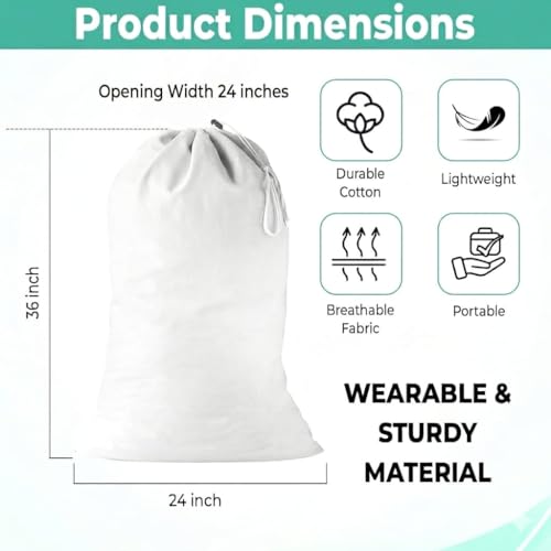 2 Pack - Cotton Laundry Bag, Heavy Duty Large Laundry Bags 24 x 36 inch Drawstring Travel Organizer Bag Fit Hamper Basket Camp (WHITE, Pack of 2) - color: WHITE, size: Pack of 2