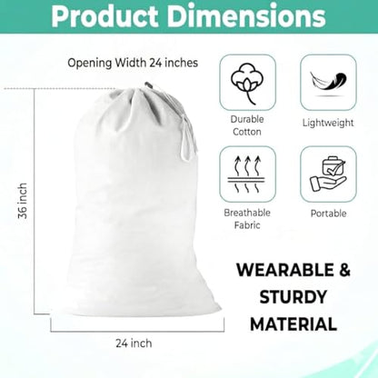 2 Pack - Cotton Laundry Bag, Heavy Duty Large Laundry Bags 24 x 36 inch Drawstring Travel Organizer Bag Fit Hamper Basket Camp (WHITE, Pack of 2) - color: WHITE, size: Pack of 2