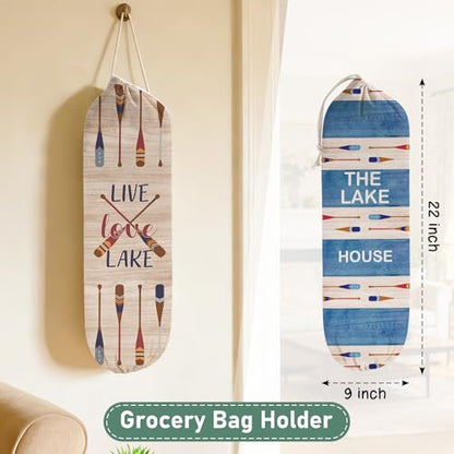 2Pcs Lake House Plastic Bag Holder for Kitchen Essentials, Reusable Hanging Grocery Bag Organizer, Washable Large Grocery Trash Bags Storage Dispenser Lake House Decor for the Home - style: Lake House