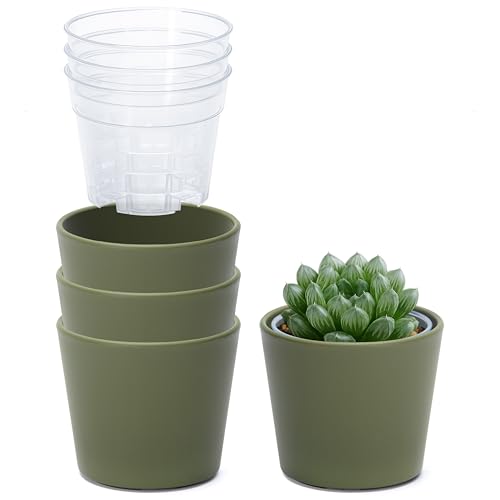 Phoenix Vine 3.5 Inch Olive Plastic Cachepot with Clear Nursery Pot, Decorative Lightweight Planter Cover with Transparent Inner Pot for Indoor Houseplants, Pack of 4, 24-A-F-4 - color: Olive, size: 3.5" (4 Pack)