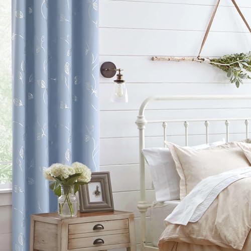 BUHUA Heat Blocking Curtains, Black Out Curtains 63 Inch Long 2 Panels Burg, Soundproof Curtains with Silver Leaf Printed (52 x 63 Inch, Baby Blue, Set of 2 Panels) - color: Silver Leaf /Baby Blue, size: 52"W x 63"L (Pack of 2)