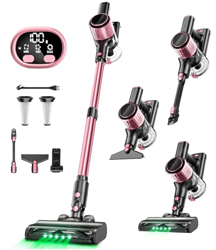 VICEASE Cordless Vacuum Cleaner, 8 in 1 Powerful Suction Lightweight Vacuum Cleaner for Home, LED Display, 3 Suction Modes, 45Mins Detachable Battery Stick Vacuum for Hard Floor Carpet Pet Hair, Pink - color: Pink