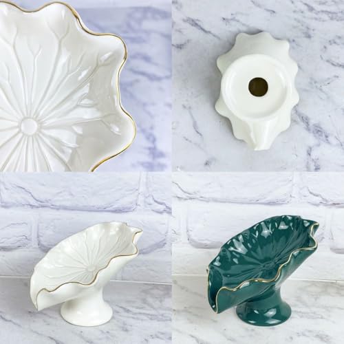 Ceramic Soap Holder, Lotus-Leaf Shape Soap Dish, Delicated Self Draining Sponge Holder for Bathroom Kitchen, Portable Home Soap Saver(White/Green)(White)