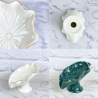 Ceramic Soap Holder, Lotus-Leaf Shape Soap Dish, Delicated Self Draining Sponge Holder for Bathroom Kitchen, Portable Home Soap Saver(White/Green)(White)