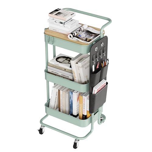 DTK 3 Tier Metal Utility Rolling Cart with Table Top and Side Bags, Metal Tray Storage Organizer Cart with Wheels, Art Craft Cart with 4 Hooks for Kitchen Bathroom Office Living Room (Green) - color: Green, size: Large