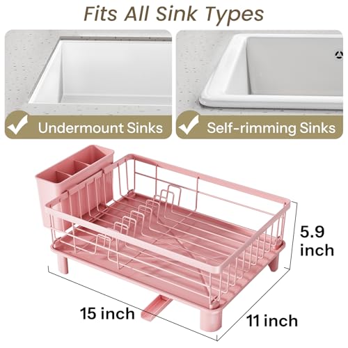 SNTD Dish Drying Rack - Small Dish Rack for Kitchen Counter, Stainless Steel Dish Drainer with Utensil Holder and Drainboard, 11" W x 15" L (Pink) - color: Pink, size: 11" W x 15" L