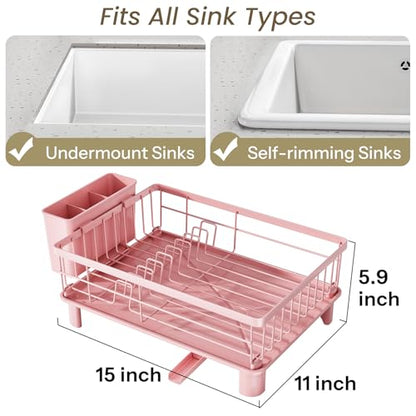 SNTD Dish Drying Rack - Small Dish Rack for Kitchen Counter, Stainless Steel Dish Drainer with Utensil Holder and Drainboard, 11" W x 15" L (Pink) - color: Pink, size: 11" W x 15" L