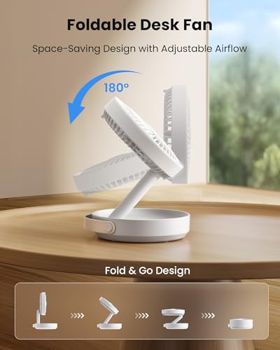 Gaiatop Foldable Small Desk Fan with LED Night Light, 6.8in Wireless 6000mAh Battery Powered Portable Fan USB Rechargeable, Bedroom Office Dorm Camping Travel Cruise Essentials, Gifts for Women Men - color: White