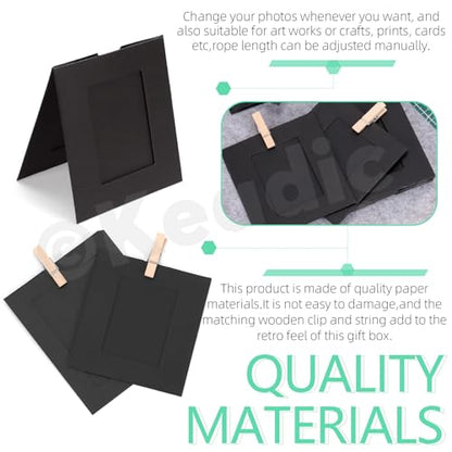 Keadic 105PCS Paper Picture Frames 5 Sizes Black Cardboard Photo Frame with Wooden Clips and Strings Photo Display Banner for Home Office Wedding Party Decor