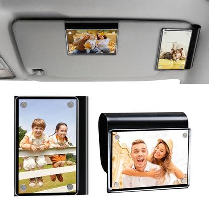 Car Picture Holder 2 Pack Magnetic Snap-On Sun Visor Photo Clip for Crystal-Clear Acrylic Frame for Family, Pets, Travel Pictures Car Decor Personalized Anniversary Accessories Gifts for Men Women