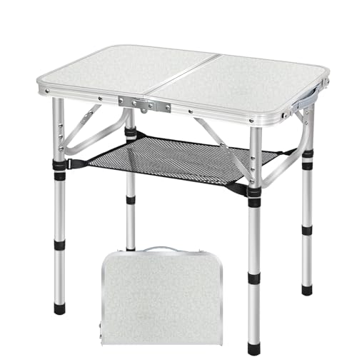Small Folding Table with Storage Net, 24" x 16" Portable Foldable Camping Table with 3 Adjustable Height, White Metal Table for Beach, Patio, BBQ - size: S[24"*16"*24"]
