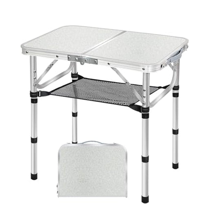 Small Folding Table with Storage Net, 24" x 16" Portable Foldable Camping Table with 3 Adjustable Height, White Metal Table for Beach, Patio, BBQ - size: S[24"*16"*24"]