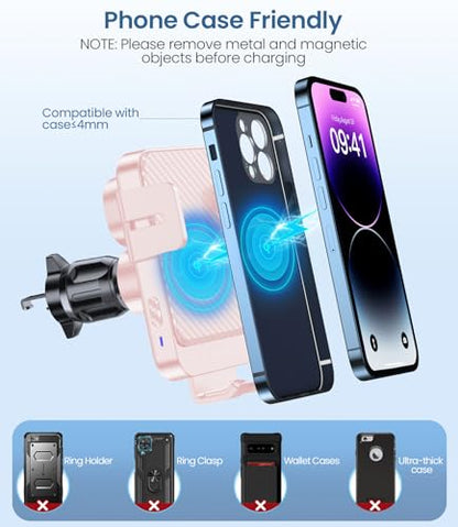 Wireless Car Charger, MOKPR 15W Fast Charging Auto-Clamping Car Mount Hands-Free Car Charger Mount for Dash Windshield Air Vent Compatible with iPhone 16 15/14/13/12, Samsung S23/S22/S21 Pink - color: Light pink