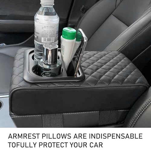 Car Center Console Armrest Pillow, 14"×8.3" Memory Foam Auto Armrest Box Cover with Cup Holder & Phone Holder, Waterproof Leather Arm Rest Protector Cushion, Car Accessories (Diamond Pattern) - color: Diamond Pattern