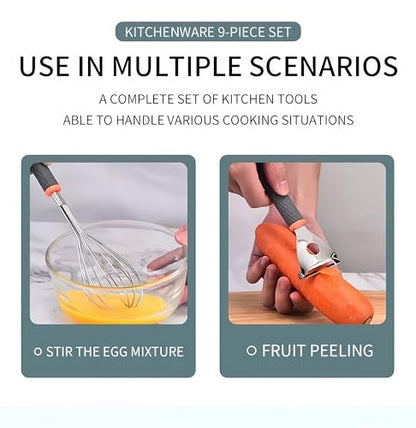 9-in-1 Kitchen Gadgets Set: Whisk, Grater, Ice Cream Spoon, Bottle Opener, Peeler, Cheese Knife, Pizza Cutter, Garlic Press & Can Opener - Space Saving Utensil Organizer for Small Kitchen
