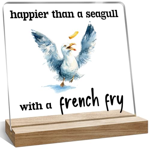 Funny Office Desk Decor Gifts for Women Men, Happier Than A Seagull Quote Desk Sign Decoration for Home - color: Navy