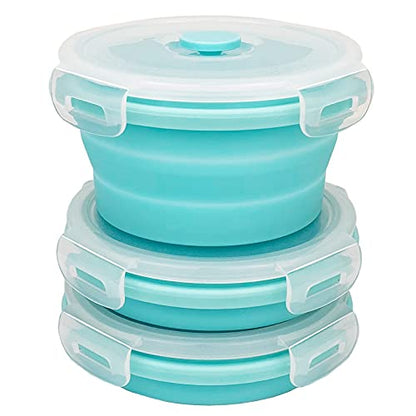 CCyanzi 3piece Round Collapsible Bowl with Lids, Silicone Food Storage Containers, Microwave & Freezer Safe, Space Saving for Kitchen Cabinet and Camping Backpack,(Blue) - color: blue