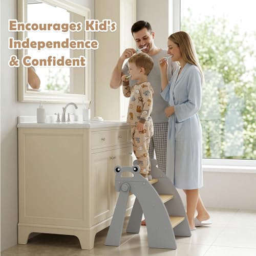 Wooden 3 Step Stool for Kids Bathroom Sink Foldable Anti-Slip, Child Stepping Stool for Kitchen Nursery Bedroom, Sturdy Non Slip Adult Stool for Closet - color: Grey Frog
