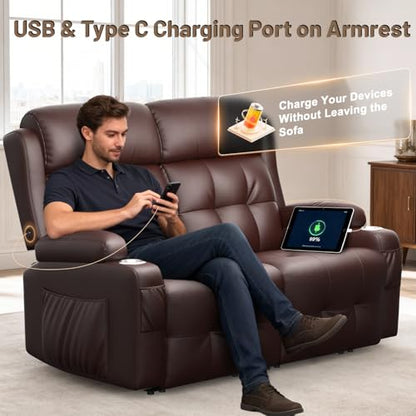 Reclining Loveseat, 55.1" RV PU Leather Wall Hugger Recliner Love Seats Sofa with Charging Station, Removable Armrest, Cup Holder, Double Recliners Couch, Manual Love Seat for Living Room - color: Copper Brown, size: Hera - Loveseat