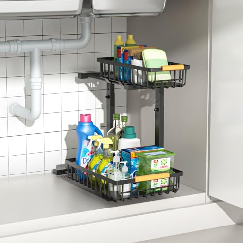 Merrylun Under Sink Organizers, 5 Adjustable Height,Metal Pull Out Under Sink Organizers and Storage Shelves with Sliding Drawer, Black 1pack（Hight 13.6″-16.9″） - color: Black, size: 1 pack