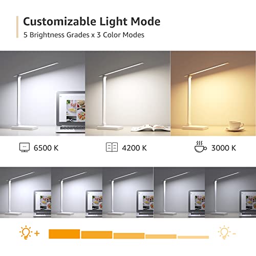 Lepro LED Desk Lamp with USB Charging Port, 700LM Dimmable Home Office Touch Control Reading Table Lamp,5 Color Modes with 5 Brightness Level, Dorm Room Essentials, Task Lamp, Sewing, Crafting, White - color: White