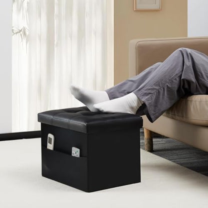 Bsketa Storage Ottoman Foot Rest Stool, Small Leather Storage Ottomans Bench, Folding Footstool with Side Pockets, Foot Rest Under Desk for Living Room Bedroom, 16x12x12 in, Black - color: Black-with Side Pockets...