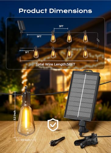 Brightown 58FT Solar String Lights Outdoor Waterproof, Patio Lights with Remote and 25+1 LED Shatterproof Bulbs, Dimmable & Timable, 3 Light Modes, Solar Lights Outdoor for Yard Camping Party Outside - size: 58FT(25 Sockets)