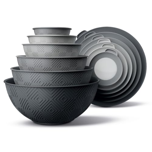 COOK WITH COLOR Mixing Bowls with Lids - 12 Piece Plastic Nesting Bowls Set includes 6 Prep Bowls and 6 Lids, Microwave Safe Mixing Bowl Set, Grey Rhombus - color: Grey Rhombus