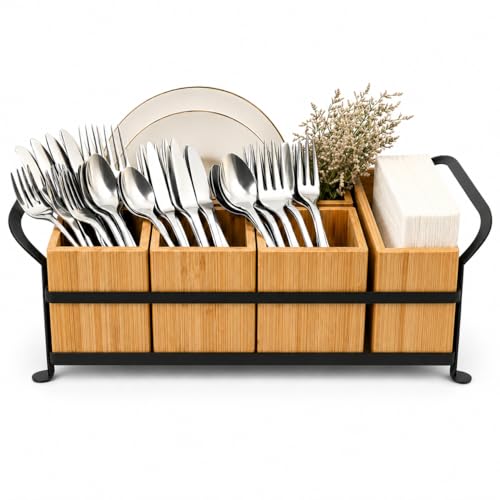 Bamboo Utensil Caddy with Handle - 5 Compartment Silverware Holder for Party & Kitchen Countertop - Removable Wooden Flatware Organizer for Picnic, BBQ, Buffet, RV & Outdoor Dining - color: black
