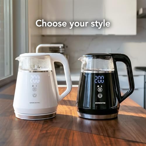 OVENTE 1L Small Electric Kettle with 5 Temperature Preset, Digital Display, 5Hr Keep Warm, Auto Shut-Off, Double-Wall Cool Touch Exterior, Borosilicate Glass,1500W BPA Free Water Boiler, Black KD95B - color: Black