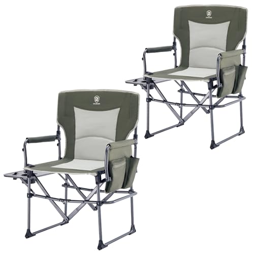 EVER ADVANCED Camping Directors' Chair with Side Table, Portable Folding Chair with Compact Size, Heavy Duty with Pocket for Camping, Lawn, Sports and Fishing, 400lbs, Green 2 Pack - color: Green-2pack, style: Classic