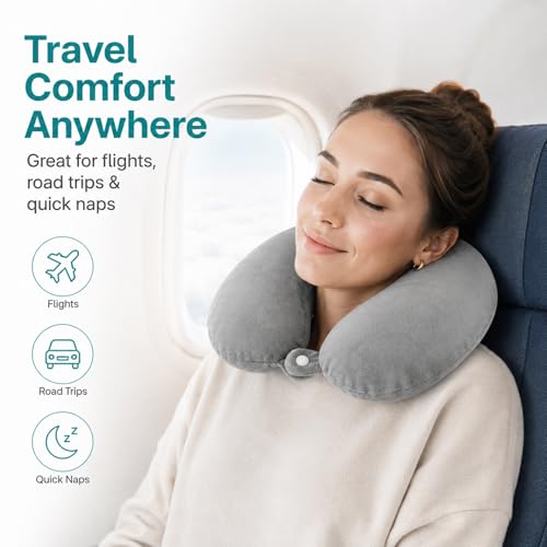 RAINFLOW Neck Pillow for Airplane Sleeping – Memory Foam Travel Pillow with Neck & Head Support, U-Shaped Design for Long Flights, Portable Adult Neck Support Pillow with Washable Cover (Grey)