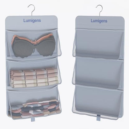 Lumigens Hanging Sock & Underwear Organizer, Hanging Closet Organizer with Pockets, Bra Hanger for Closet Organizer with 360° Rotating Hook, Space Saving Hanging Storage for Wall, Bedroom, RV