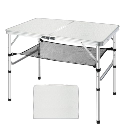 Medium Folding Table, 35" x 24" Portable Camping Table with 2 Adjustable Height Max 28", 3FT Foldable Table with Storage Net, White Metal Table for Patio, BBQ, Camping and Backpacking - size: M[35"*24"*28"]