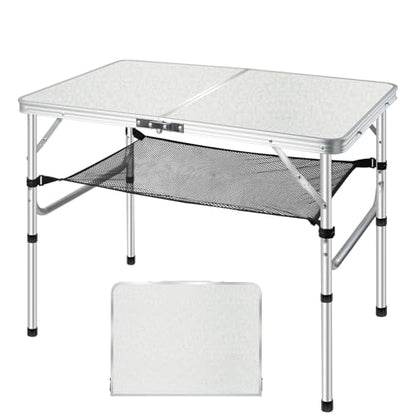 Medium Folding Table, 35" x 24" Portable Camping Table with 2 Adjustable Height Max 28", 3FT Foldable Table with Storage Net, White Metal Table for Patio, BBQ, Camping and Backpacking - size: M[35"*24"*28"]
