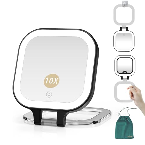Mocado Compact Travel Makeup Mirror, 1X/10X Magnifying Mirror with Light, Double Sides Compact Mirror with 3 Color Light, Dimmable Handheld Mirror, Rechargeable Travel for Purse,Pocket(Black) - color: A-10x Magnifying-black