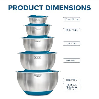 Viking Mixing Bowls Set, 10 Piece Stainless Steel Kitchen Cookware, Non-Slip Silicone Base, Includes Tight Fit Lids, Dishwasher Safe, Teal - color: Teal