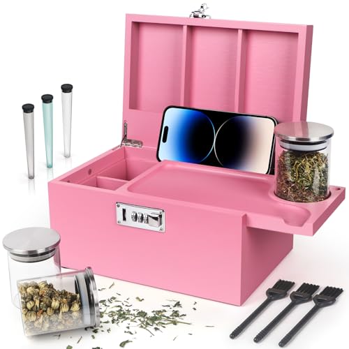 Large Pink Bamboo Box with Combination Lock, Decorative Storage Box with Detachable Compartment, Wooden Box with Alright Jars & Brushes & Storage Tubes as Great Gift Choice. (Pack of 6) - color: Pink, size: 10.2''×7‘’×5.5‘’ (Pack of 6)