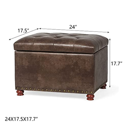 Leather Ottoman with Storage,24’’Foot Rest Ottomans with Hinged Lid Rectangle Upholstered Foot Stools Nailhead Trim for Living Room Bedroom,Brown - color: Brown