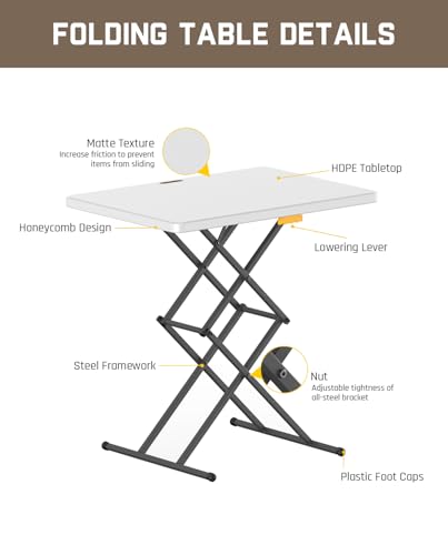 FanttikOutdoor 28 inch Small Folding Table, One-Hand Height Adjustment, 3 Heights, Lowering Lever, Instalift, Portable Side Table for Tv Tray, Dining, Kitchen, No Assembly, Granite White Zeta X1 Apex