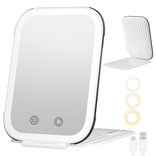 FUNTOUCH Rechargeable Travel Makeup Mirror with Lights, Light up Portable Vanity Mirror with 80 LEDs,2000mAh Battery,Brightness Adjustable,3 Lighting, Dimming Compact Mirror - color: Pearl White