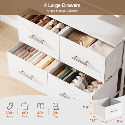 T3 Closet System with Stepless Dimmable LED Light, Industrial Pipe Clothing Rack with 4 Drawers, 6 Wooden Shelves & 4 Telescopic Rods, Heavy Duty Closet Organizers in Wardrobe Closet (White) - color: White